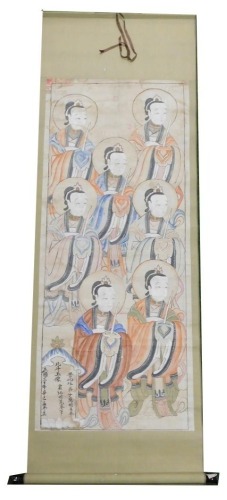 A 19thC Chinese painting depicting various women holding swords, a calligraphy cartouche to bottom left hand corner, ink on paper, 182cm x 63cm.