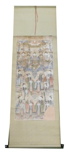 A 19thC Chinese painting, depicting various haloed deities holding swords, ink on paper, 184cm x 60cm.
