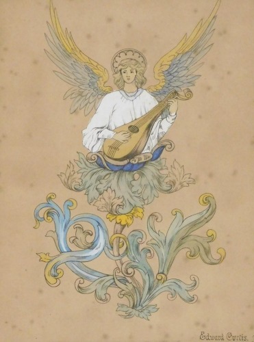 Edward Curtis (British, early 20thC). Study of an angel playing a lute, raised on scrolling leaves, possibly for a bookplate, watercolour and body colour, signed, dated 1915, 20.5cm x 15.5cm.
