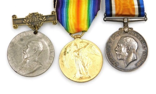 Two World War I medals, comprising The Great War and Victory medals, named to CPL FJ Maris R.E., 255398, together with a King's Medal, with 1911 clasp, awarded by the London County Council to F Maris. (3)