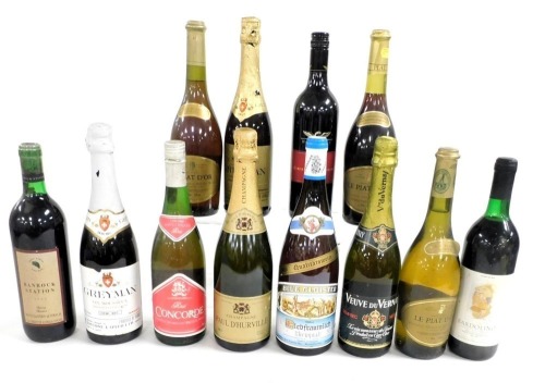 Champagne and sparkling wines, further wines, etc., including Le Piat D'or, Bardolino wine, D' Hurville champagne, Greyman vin Mousseux Demi-Sec, and brut, and Concorde Rose slightly sparkling British wine. (12)