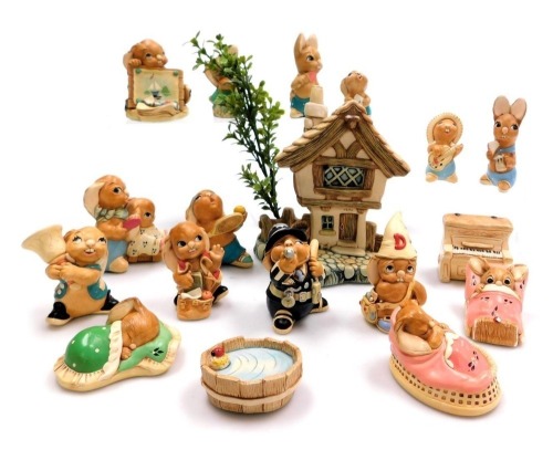 A group of Pendelfin figures, including Poppet, Old Bill, Angelo, Tennyson, and Dandy, together with Cobble Cottage. (a quantity)