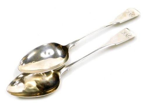Two George III silver Old English pattern tablespoons, later monogram engraved, London 1810 and 1818, 3.37oz,