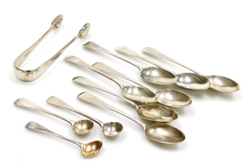 A pair of Victorian silver sugar tongs, London 1850, together with six silver teaspoons, a further teaspoon, and three mustard and salt spoons, 8.20oz.