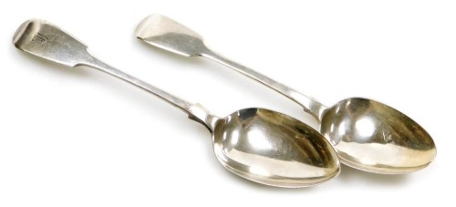 Two Victorian silver fiddle pattern tablespoons, one initial engraved, London 1842 and 1844, 4.80oz.