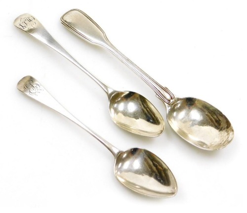 A Victorian Fiddle & Thread pattern silver teaspoon, London 1850, and two George III silver Old English pattern teaspoons, monogram engraved, 1.85oz.