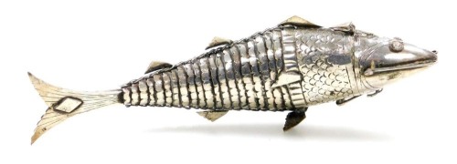 An articulated fish spice box, possibly late 19thC, white metal, 19cm wide, 3.02oz.
