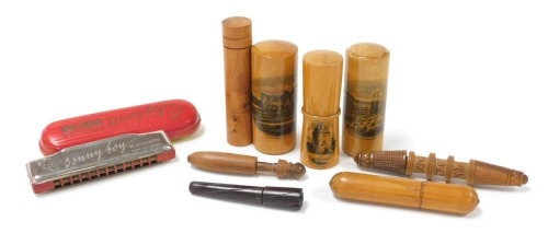 A group of wooden sewing accoutrements, including mauchline ware crochet holders, decorated with Dunstaffnage Castle, The Bishop's Tower Kirkwall, and Carlisle Parade and Robertson Terrace Hastings, together with a Hohner Sunnyboy accordion. (a quantity)