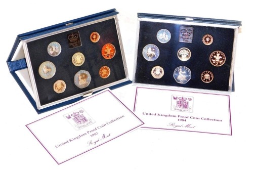 Two Royal Mint United Kingdom Proof coin collections, 1983 and 1984, cased and boxed with certificates.