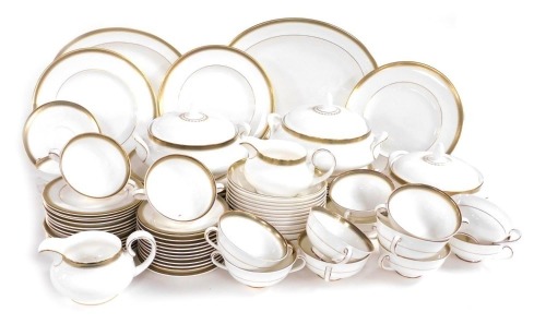 A Royal Doulton porcelain Clarendon pattern dinner service, comprising pair of graduated meat platters, three vegetable tureens and covers, twelve dinner, eleven dessert and fourteen side plates, pair of sauce boats, fourteen soup cups, twelve saucers, an