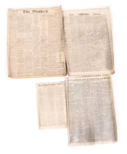 Georgian and later newspapers, comprising The Edinburgh Evening Courant, Wednesday August 5 1761, The Salisbury and Winchester Journal, Monday August 5 1811, The Times, London May August 5 1861, and The Standard, London Saturday August 5 1911. (4)