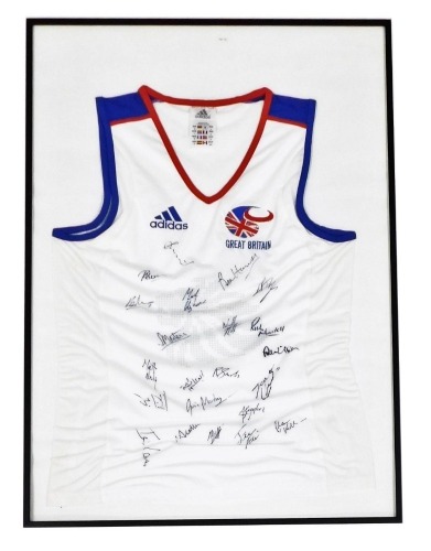 A 2008 Olympics vest, displaying the names of the British Men's Field Hockey Team, framed and glazed, 69cm x 49cm.