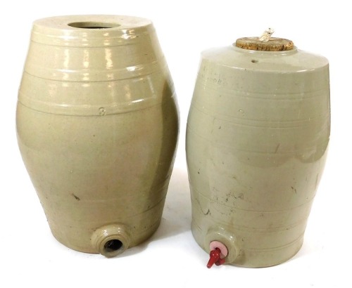 Two early 20thC buff glazed stoneware barrels, 34cm and 39cm high.