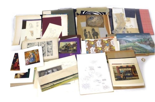 Artist's portfolios, including oil paintings, watercolours, pencil studies, poster designs, lithographs, etc. (a quantity)