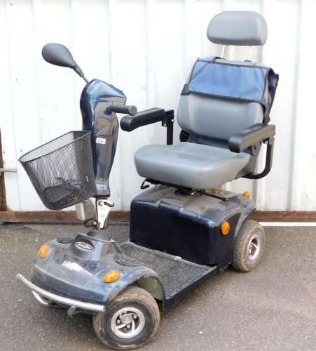 A Mayfair Freerider mobility scooter, with a blue chassis, with battery.