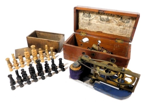 A Victorian Improved Patent Magneto-Electric machine, for nervous diseases, mahogany cased, with instructions to lid, together with a turned wooden chess set, boxed. (2)