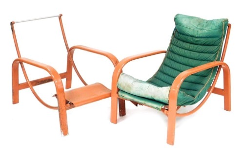 A pair of Art Deco aluminium aeroplane chairs, designed by Christie Tyler, with orange painted frames, one chair having an upholstered seat and back, 63cm wide.