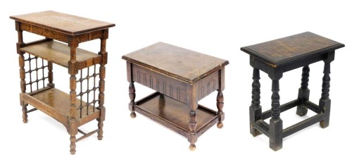 An early 20thC oak sewing table, the hinged lid opening to reveal a fitted interior, raised on turned legs united by an under tier, 45cm high, 53cm wide, an oak three tier whatnot, raised on turned supports, 77cm high, 59cm wide, and a Victorian ebonised 