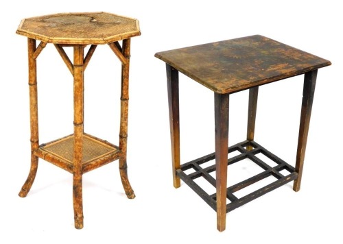 A Victorian bamboo and cane octagonal occasional table, raised on outswept legs united by a square under tier, 73cm high, 45cm wide, together with a Victorian painted occasional table, the top decorated with sunflowers, raised on tapering square legs unit