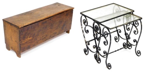 A 19thC oak sword chest, raised on side bracket feet, 41cm high, 95cm wide, 30cm deep, together with a pair of mid Century black cast iron and glass topped occasional tables, largest table 48cm high, 46cm wide, 33cm deep. (AF) (2)