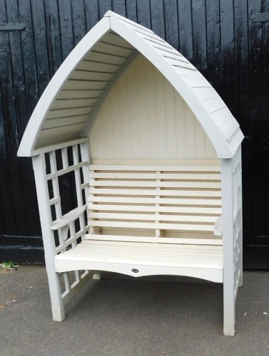 An AFK cream painted wooden two seater bench arbour, 206cm high, 138cm wide, 82cm deep.