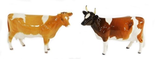 A Beswick Ayrshire cow, CH. Ickham Bessie 1980, and a Guernsey cow. (2)