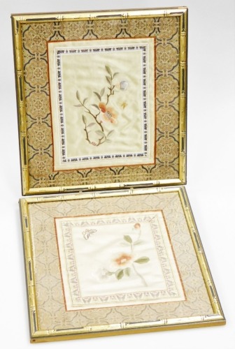 Two Chinese silk embroidered pictures, of flowers and birds, 26.5cm x 24.5cm.