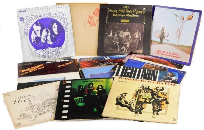 Rock and pop LPs, 1960s onwards, including The Rolling Stones in concert 'Get Yer Ya-Ya's Out!', Groundhogs, Thank Christ For The Bomb, The Yes Album, George Harrison, The Concert for Bangladesh boxed set, Bob Dylan at Budokan, Pink Floyd, Meddle, Mountai