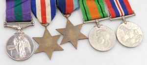 A WWII medal group, comprising 1939-45 British War medal, Defence medal, 1939-45 Star, France and Germany Star and George VI General Service medal, with Palestine 1945-48 clasp, the latter medal engraved 408692 Sgt. C Rhodes, RAOC. - 2