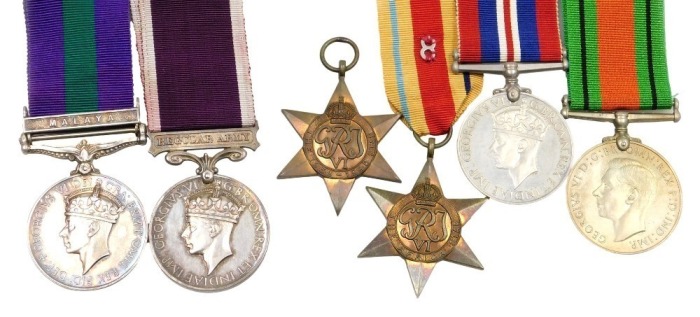 A George VI medal group, comprising 1939-45 British War medal, Defence medal, Africa Star with 8th Army insignia, 1939-45 Star (lacking ribbon), General Service medal with Malaya clasp, inscribed to 22423817 Signalman MF Archer Royal Signals, and Army Lon