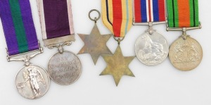 A George VI medal group, comprising 1939-45 British War medal, Defence medal, Africa Star with 8th Army insignia, 1939-45 Star (lacking ribbon), General Service medal with Malaya clasp, inscribed to 22423817 Signalman MF Archer Royal Signals, and Army Lon - 2