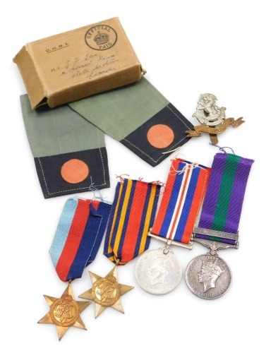 A George VI medal group, comprising 1939-45 War medal, Burma Star and 1939-45 Star, and General Service medal with South East Asia 1945-46 clasp, inscribed to 14724951 Pte J Lane West Yorkshire Regiment, with cap badge Battalion shoulder titles and medal 