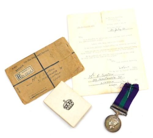 A George VI General Service Medal, with Palestine 1945-48 clasp, inscribed to 14885120 L.Cpl R Simpson Royal Signals, with box and envelope, and Royal Signals typed letter to Mr R Simpson 29 Nelthorpe Street Lincoln.