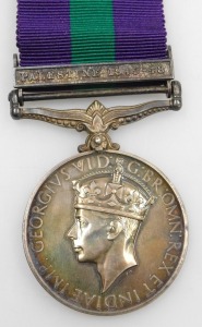 A George VI General Service Medal, with Palestine 1945-48 clasp, inscribed to 14885120 L.Cpl R Simpson Royal Signals, with box and envelope, and Royal Signals typed letter to Mr R Simpson 29 Nelthorpe Street Lincoln. - 2