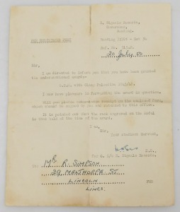 A George VI General Service Medal, with Palestine 1945-48 clasp, inscribed to 14885120 L.Cpl R Simpson Royal Signals, with box and envelope, and Royal Signals typed letter to Mr R Simpson 29 Nelthorpe Street Lincoln. - 5