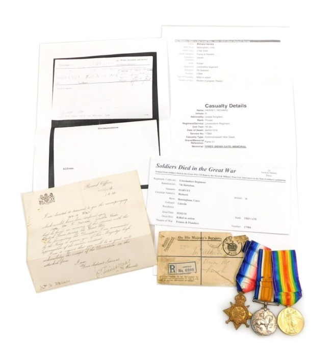 WWI medal trio, comprising 1914-18 British War medal, 1914-15 Star and Victory medal, inscribed to 17984 Pte R Harvey Lincolnshire Regiment (7th Bn), with postal envelope and Record Office letter, and with facsimile details and additional casualty detail 