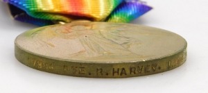 WWI medal trio, comprising 1914-18 British War medal, 1914-15 Star and Victory medal, inscribed to 17984 Pte R Harvey Lincolnshire Regiment (7th Bn), with postal envelope and Record Office letter, and with facsimile details and additional casualty detail - 5