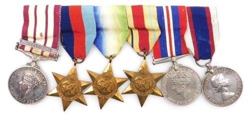 A George V and Queen Elizabeth II medal group, comprising George VI General Service medal with Naval Service medal ribbon and Palestine clasp, inscribed to 22212136 S/Sgt SJ Morris Royal Signals, 1939-45 British War medal, 1939-45 Star, the Atlantic Star 