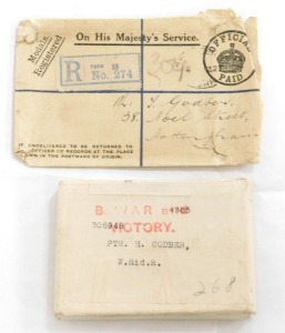 A WWI bronze death plaque and medal pair, the death plaque named to Harold Godber, and the medals inscribed to 306984 Pte H Godber, West Riding Regiment, Killed in Action 3/5/1917, and buried at Arras, with postage envelopes and medal box, with original c - 7