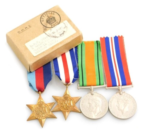 A WWII RAF medal group, comprising 1939-45 British War medal, The France and Germany Star, 1939-45 Star and Defence medal, OHMS issue box addressed to DPF Stapleton Esq, Chadwel Heath, Romford, Essex.