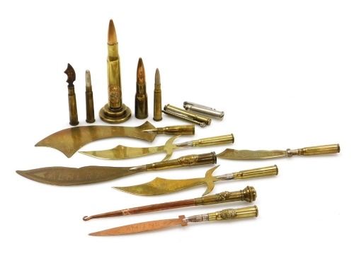 WWI small calibre brass shell trench craft items, including button hook, letter openers, and cigarette lighters, etc. (14)