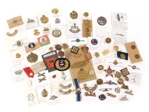 A collection of regimental sweetheart brooches and badges, shoulder titles, various buttons and other military and civilian interest, including Royal Engineers, Royal Army Service Corps, Black Watch, East Lancashire Regiment, Honorable Artillery Company, 