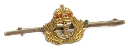 A Royal Navy sweetheart brooch, yellow and white metal stamped 9ct, with hinged pin.