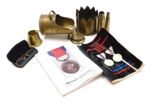 A WWI brass ordnance shell case trench craft, in the form of an engraved 18 Pdr case, scuttle, ashtray, etc.