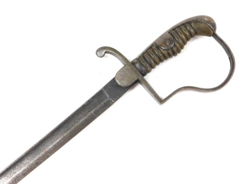 A 19thC Prussian sabre, with curved fullered blade 73cm, plain cross hilt and guard, the hilt numbered 22A61, lacking scabbard.