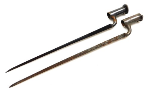 Two 19thC British Brown Bess socket bayonets, 43cm and 40cm blades.