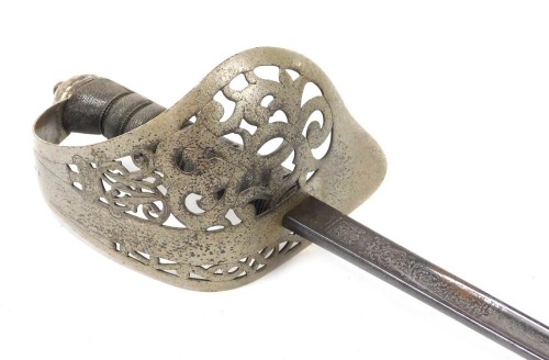 A George VI British Army officers dress sword by Wilkinson, with etched details to the fullered blade, 81cm long, and inscribed with 'by Royal appointment, Wilkinson Sword Co. Ltd. London', and made in England to the back, with steel basket guard and shag