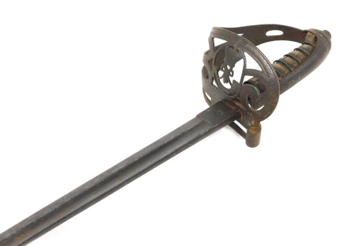 A Victorian Rifle Volunteer officer's sword, with slightly curved fullered blade, 80cm, steel basket guard, shagreen grip and with scabbard.