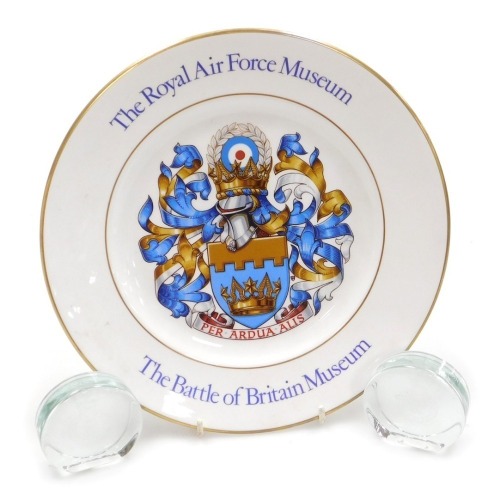 A Royal Grafton commemorative RAF commemorative plate, commemorating the opening of the Battle of Britain Museum, 28th November 1978, limited edition of 3000, 27.5cm diameter, and two RAF glass paperweights (3).