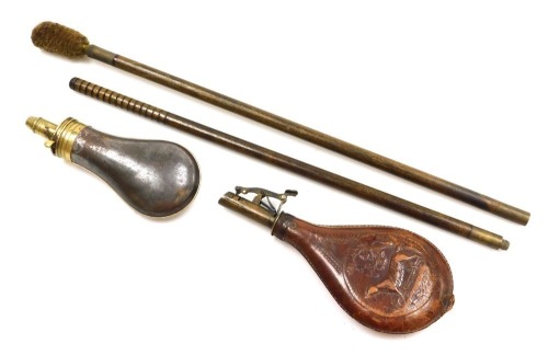 Two 19thC powder flasks, the leather flask with embossed decoration of a gun dog, by the American Flask and Cap Company, the leather stamped 3lbs, and another steel flask, with brass fitting, and a two-piece gun cleaning rod.